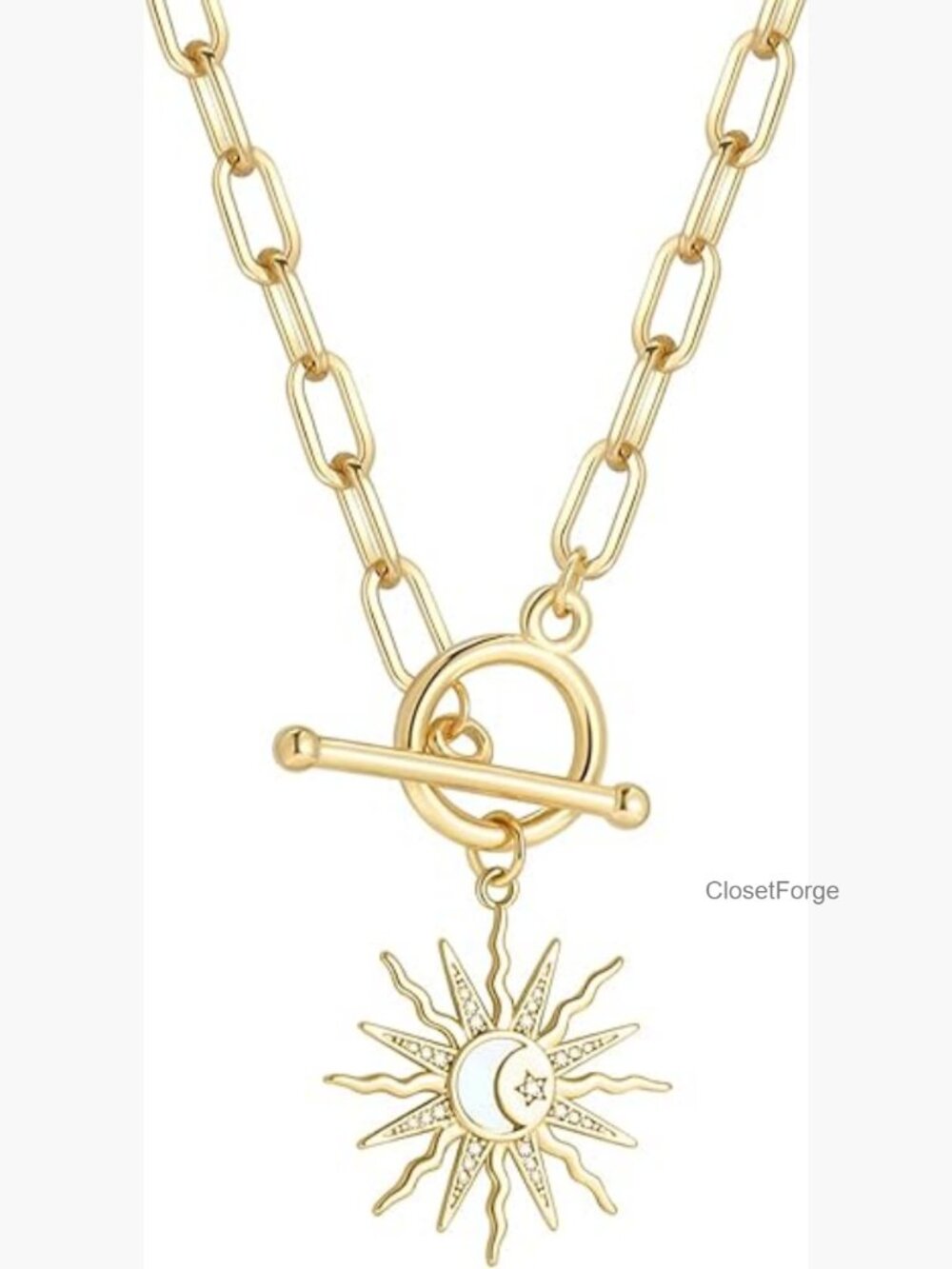 18K Gold Paperclip Chain Necklace Sun Moon Star Compass Pendant Toggle Clasp 20"